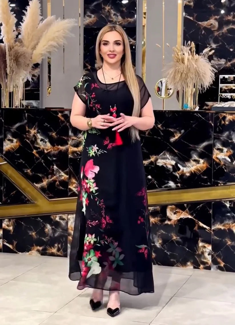 Modest evening wear maxi dress with vibrant floral motifs and round neckline 01