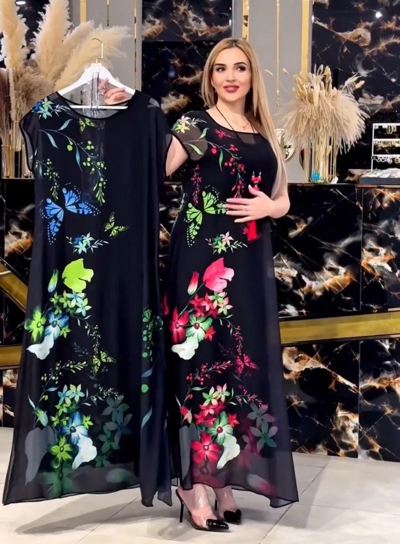 Modest evening wear maxi dress with vibrant floral motifs and round neckline 02