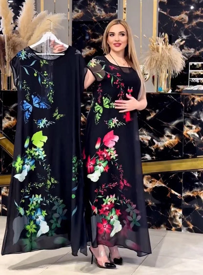 Modest evening wear maxi dress with vibrant floral motifs and round neckline 02