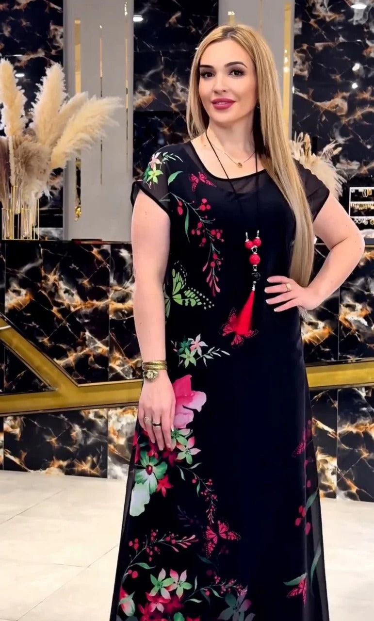 Modest evening wear maxi dress with vibrant floral motifs and round neckline 03