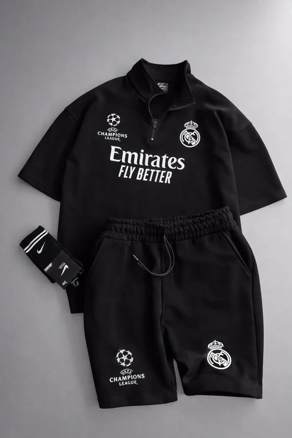 Real Madrid sports tracksuit set for women featuring short sleeve zip polo shirt and matching shorts with UEFA Champions League logo, Emirates Fly Better print and Nike socks 05