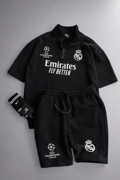 Real Madrid sports tracksuit set for women featuring short sleeve zip polo shirt and matching shorts with UEFA Champions League logo, Emirates Fly Better print and Nike socks 05