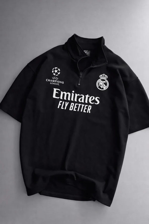 Real Madrid sports tracksuit set for women featuring short sleeve zip polo shirt and matching shorts with UEFA Champions League logo, Emirates Fly Better print and Nike socks 07