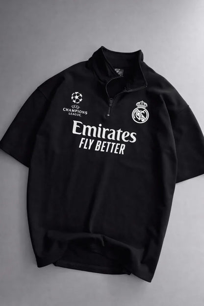 Real Madrid sports tracksuit set for women featuring short sleeve zip polo shirt and matching shorts with UEFA Champions League logo, Emirates Fly Better print and Nike socks 07