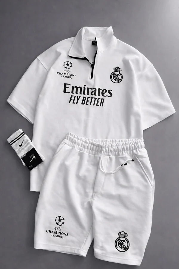 Real Madrid sports tracksuit set for women featuring short sleeve zip polo shirt and matching shorts with UEFA Champions League logo, Emirates Fly Better print and Nike socks 08