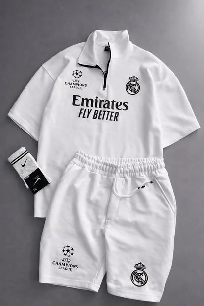 Real Madrid sports tracksuit set for women featuring short sleeve zip polo shirt and matching shorts with UEFA Champions League logo, Emirates Fly Better print and Nike socks 08