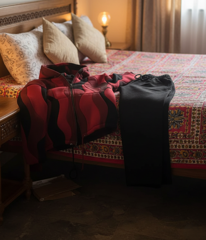 Red jacket and black bag on a bed with patterned bedding chakoor customer review
