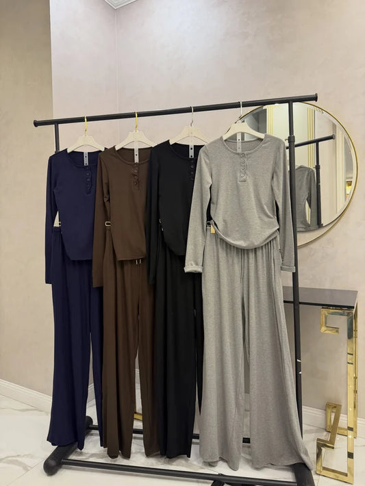 CH-6006 2 Pcs Button Lounge Wear Set Top With Straight Trouser - Chakoor