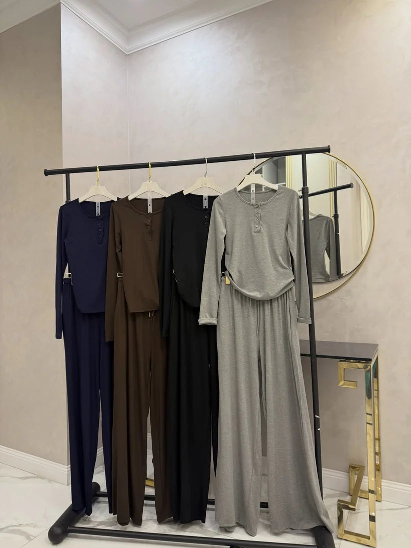 CH-6006 2 Pcs Button Lounge Wear Set Top With Straight Trouser - Chakoor