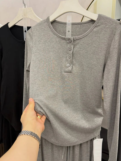 CH-6006 2 Pcs Button Lounge Wear Set Top With Straight Trouser - Chakoor