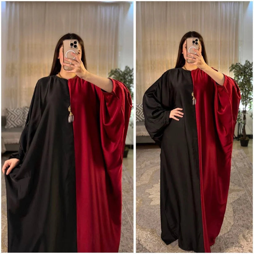 Stylish modest kaftan abaya for women featuring loose flowy design with batwing sleeves, elegant front split style, perfect for casual wear, summer outfit, oversized t-shirt dress look, comfortable and trendy modest fashion outfit for girls 01