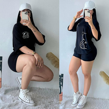Two-piece loungewear set featuring an oversized t-shirt with teddy bear line art and matching fitted biker shorts 02