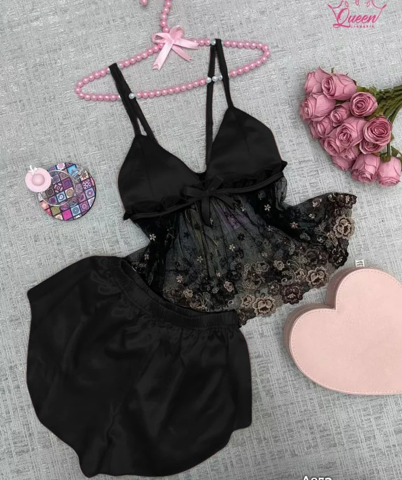 Two-piece satin sleepwear set featuring a lace-trim camisole top with floral embroidery and matching shorts 03