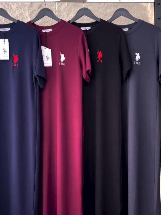 USPA branded short-sleeve maxi dresses with embroidered logo on chest. 01