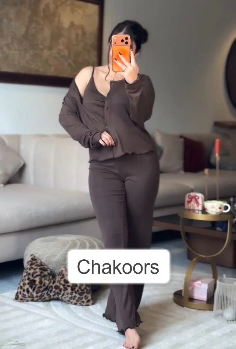CH 6027 |3 Pcs Button-Down Top & Flared Pants Co-Ord Set | Chakoor