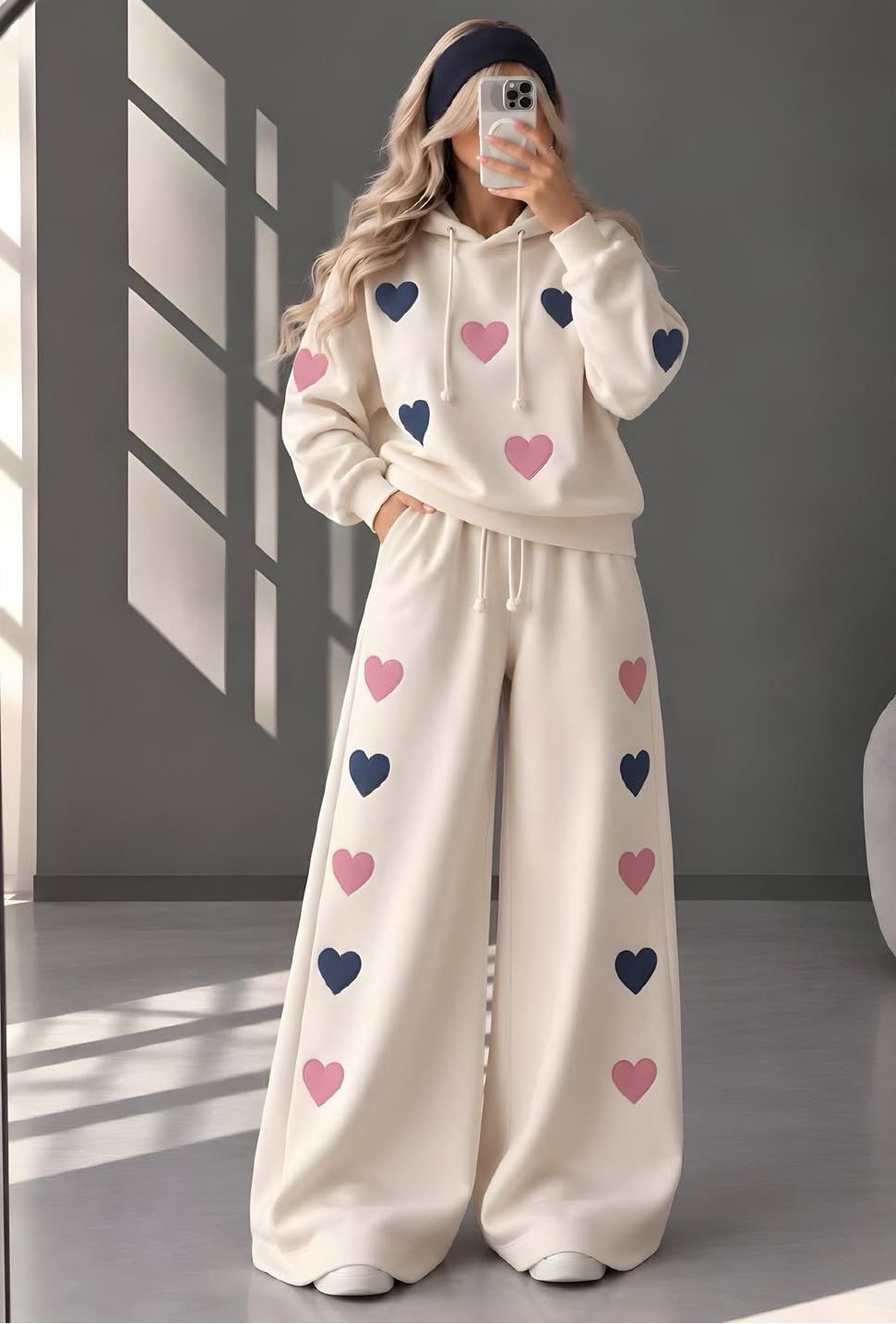 CH 6131 Heart Printed Hoodie & Wide-Leg Sweatpants Set - 2026