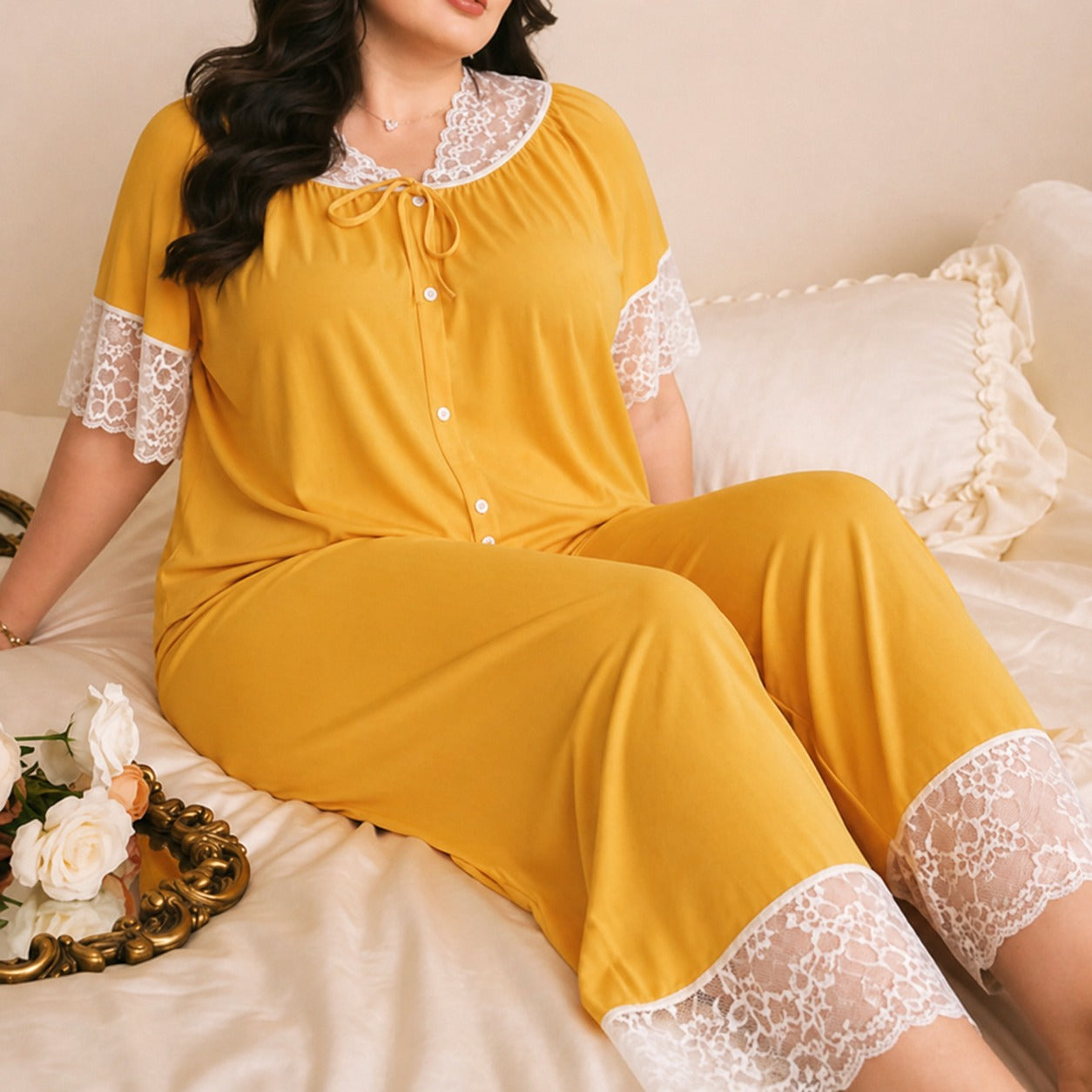 CH 6043 Short Sleeve Lace Trim Sleepwear