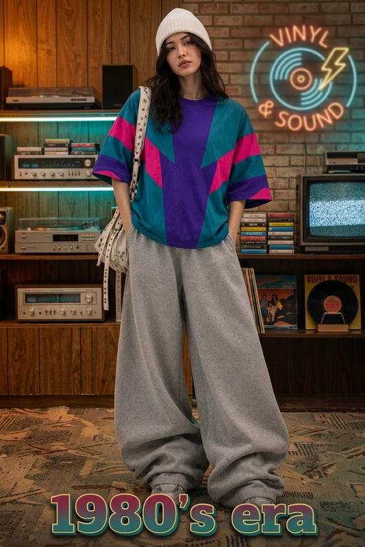 Ch 6124 Retro 80s Vibe Mid-Season Drop Oversized T-Shirt Wide-Leg Pants