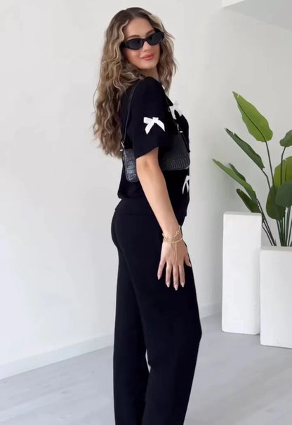 Women's casual lounge set with bow-detail top and relaxed-fit straight-leg pants 02