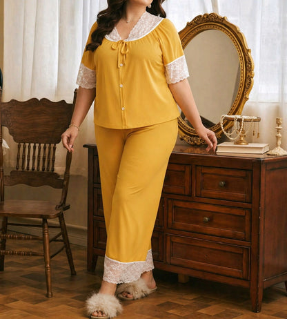 Women's nightwear set with delicate lace embroidery and front button detailing in a soft breathable fabric 03