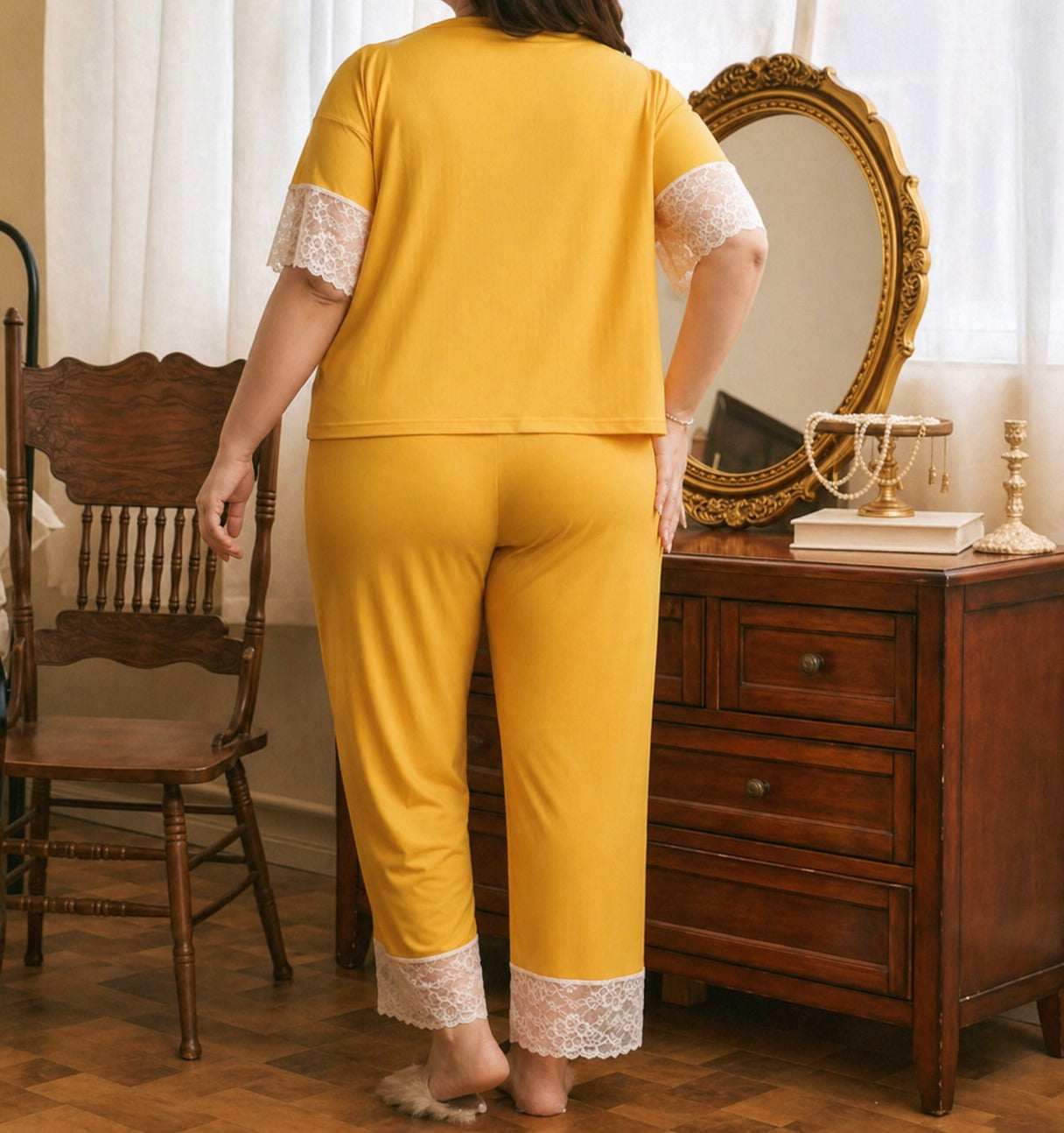 Women's nightwear set with delicate lace embroidery and front button detailing in a soft breathable fabric 04