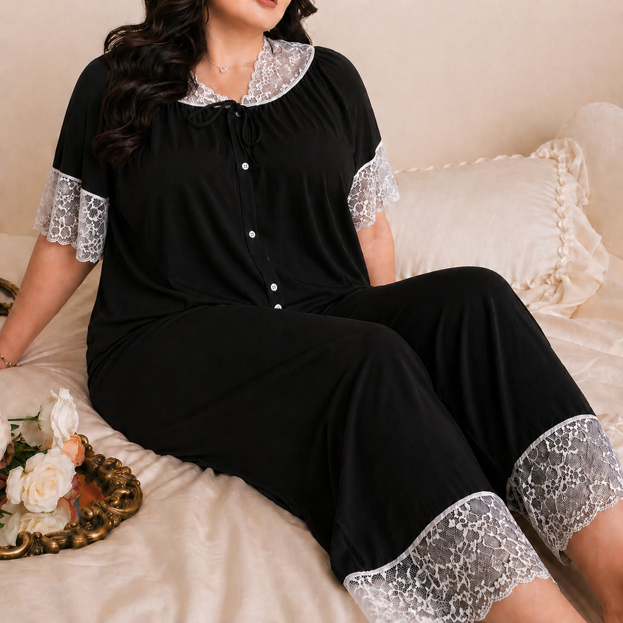 Women's nightwear set with delicate lace embroidery and front button detailing in a soft breathable fabric 05
