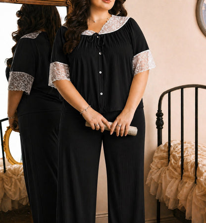 Women's nightwear set with delicate lace embroidery and front button detailing in a soft breathable fabric 06