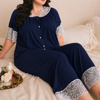 Women's nightwear set with delicate lace embroidery and front button detailing in a soft breathable fabric 07