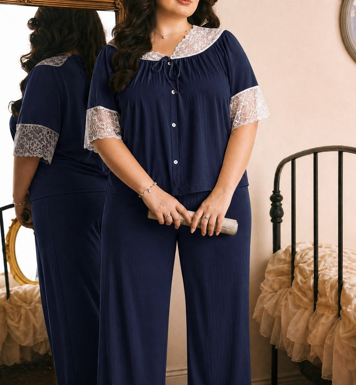 Women's nightwear set with delicate lace embroidery and front button detailing in a soft breathable fabric 08