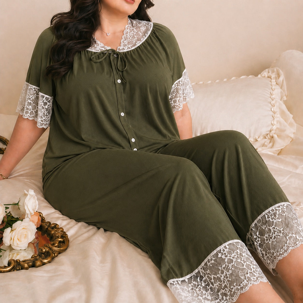 Women's nightwear set with delicate lace embroidery and front button detailing in a soft breathable fabric 09
