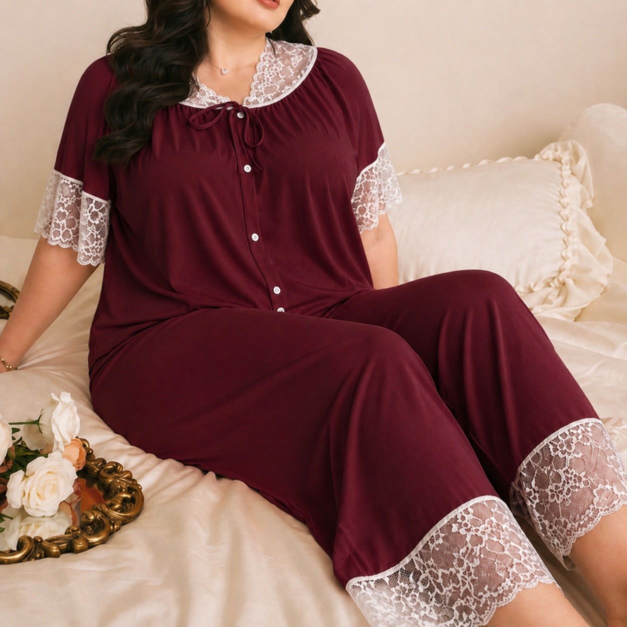 Women's nightwear set with delicate lace embroidery and front button detailing in a soft breathable fabric 10