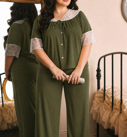 Women's nightwear set with delicate lace embroidery and front button detailing in a soft breathable fabric 11