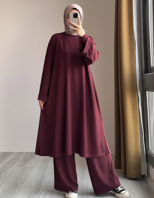 Women wearing Maroon Chakoor Kashmiri winter fleece long co-ord set in Pakistan 2026 trendy modest fashion -1