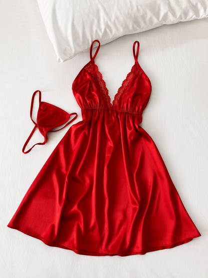 Ch 6089 Luxury Satin Lace Babydoll with Adjustable Thong (2-Piece Set)