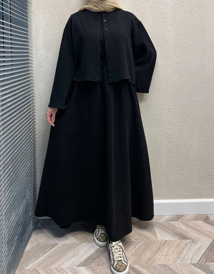 CH 608 - 2 Pcs Winter Outfit Long Frock With Upper Fleece Jacket - CHAKOOR