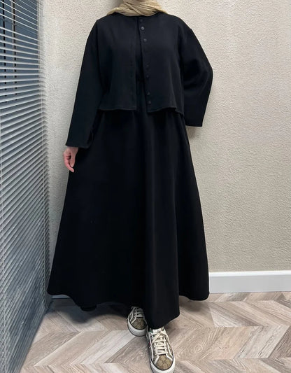 CH 608 - 2 Pcs Winter Outfit Long Frock With Upper Fleece Jacket - CHAKOOR