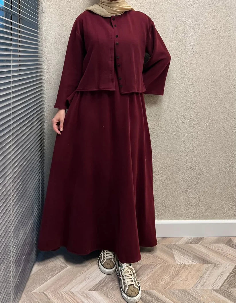 CH 608 - 2 Pcs Winter Outfit Long Frock With Upper Fleece Jacket - CHAKOOR