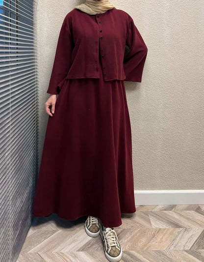 CH 608 - 2 Pcs Winter Outfit Long Frock With Upper Fleece Jacket - CHAKOOR