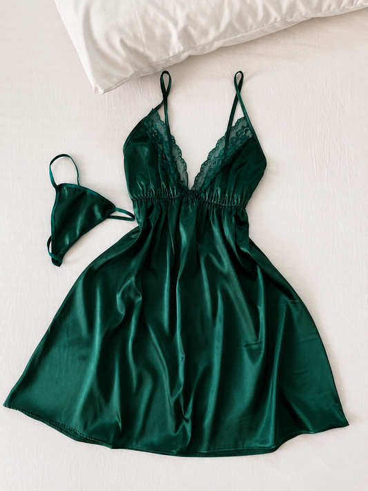 Ch 6089 Luxury Satin Lace Babydoll with Adjustable Thong (2-Piece Set)