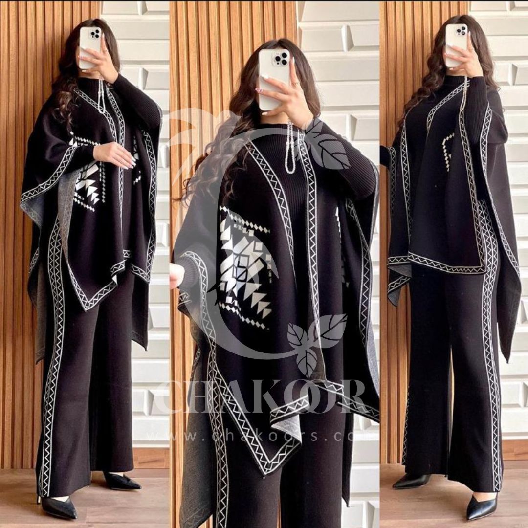 CH # 370 CHAKOOR READY TO WEAR WINTER 3 PIECE FLEECE SUIT CAPE SHAWL HIGH NECK & TROUSER