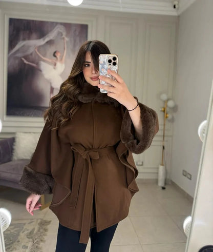 CH 623 Chakoor Women’s Elegant Fur Cuff Belted Cape Coat – Winter Fleece