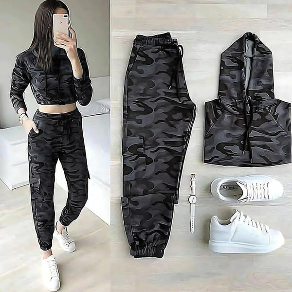 LY # 0013 Camouflage Winter Fleece Crop Hoodie With Trouser