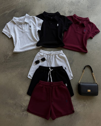 premium women polo co ord set with matching shorts in black white and maroon summer outfit Pakistan aesthetic casual lounge wear set