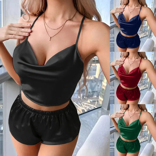 Chk # p65 Chakoor Womens Silk Ruffled Spaghetti Cami Shorts Sleepwear Suits Ladies Casual Comfy Soft Nightwear