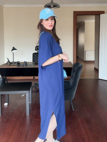 women black loose kaftan dress casual summer outfit relaxed fit modest wear short sleeve comfortable stylish everyday look with hat and tote bag 04