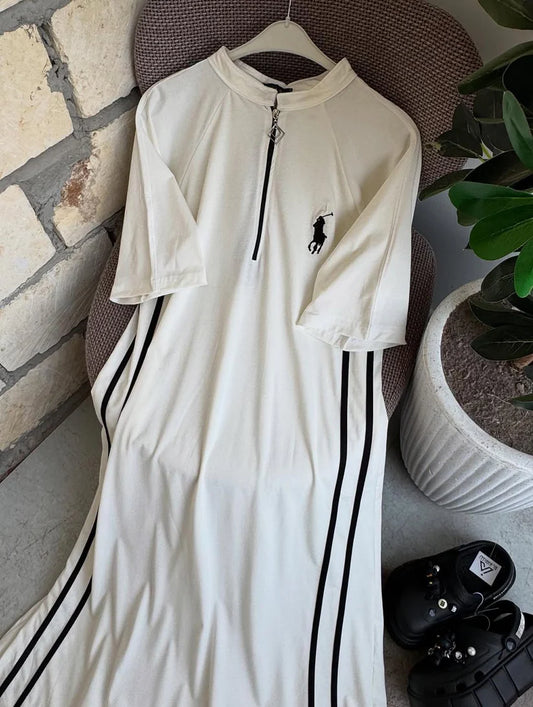 women casual midi dress sporty style front zip outfit side stripe design comfortable everyday wear modest fashion with sneakers 01