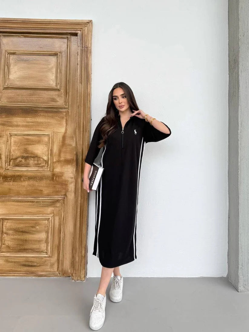 women casual midi dress sporty style front zip outfit side stripe design comfortable everyday wear modest fashion with sneakers 02