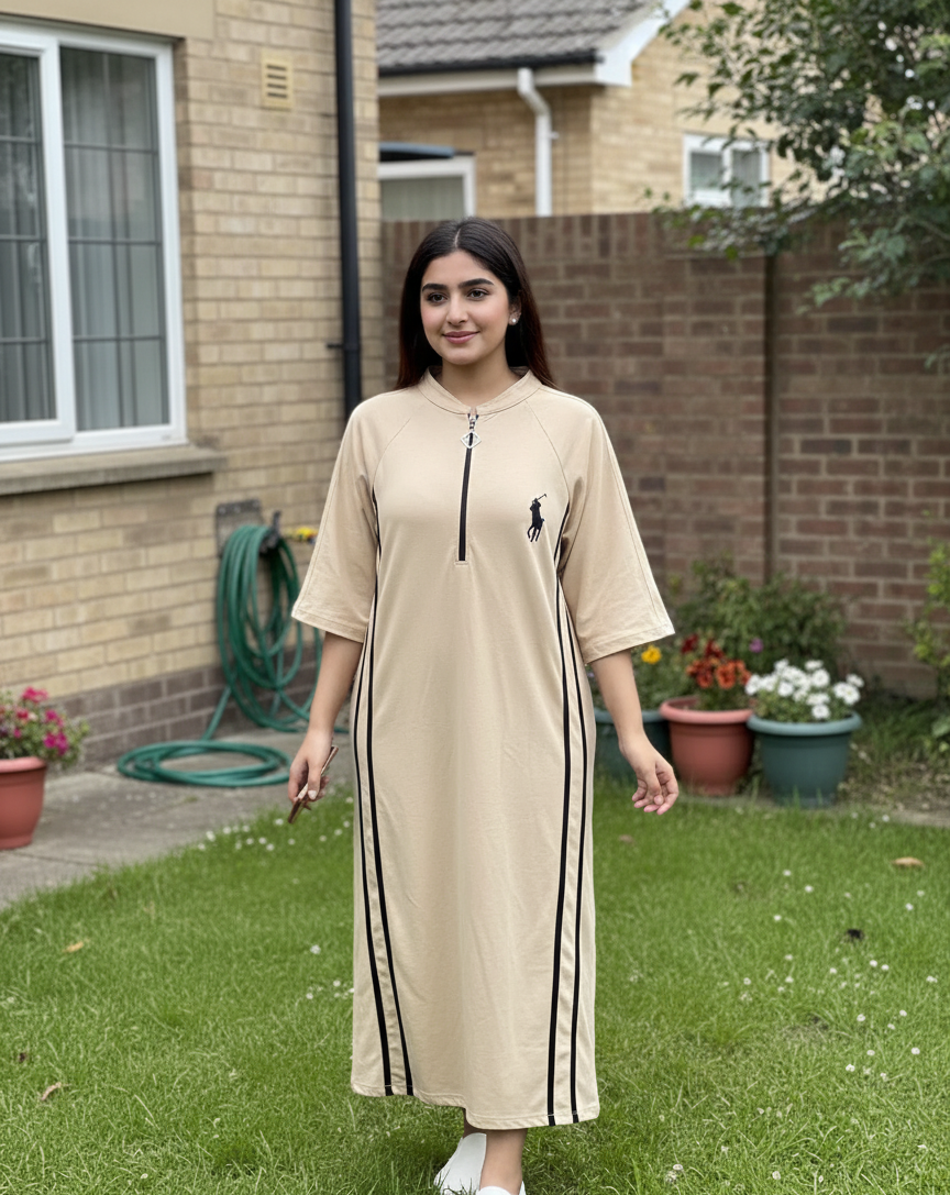 women casual midi dress sporty style front zip outfit side stripe design comfortable everyday wear modest fashion with sneakers 03