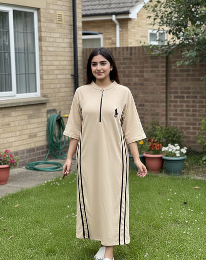 women casual midi dress sporty style front zip outfit side stripe design comfortable everyday wear modest fashion with sneakers 03