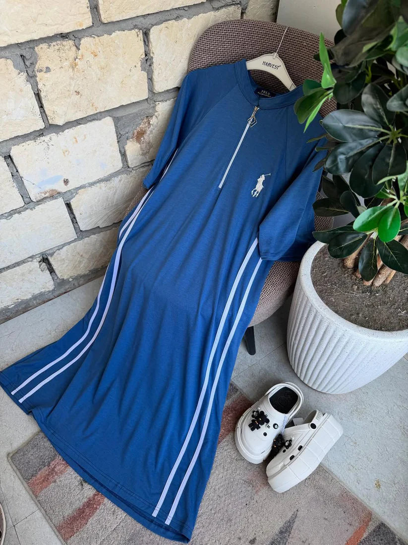 women casual midi dress sporty style front zip outfit side stripe design comfortable everyday wear modest fashion with sneakers 04